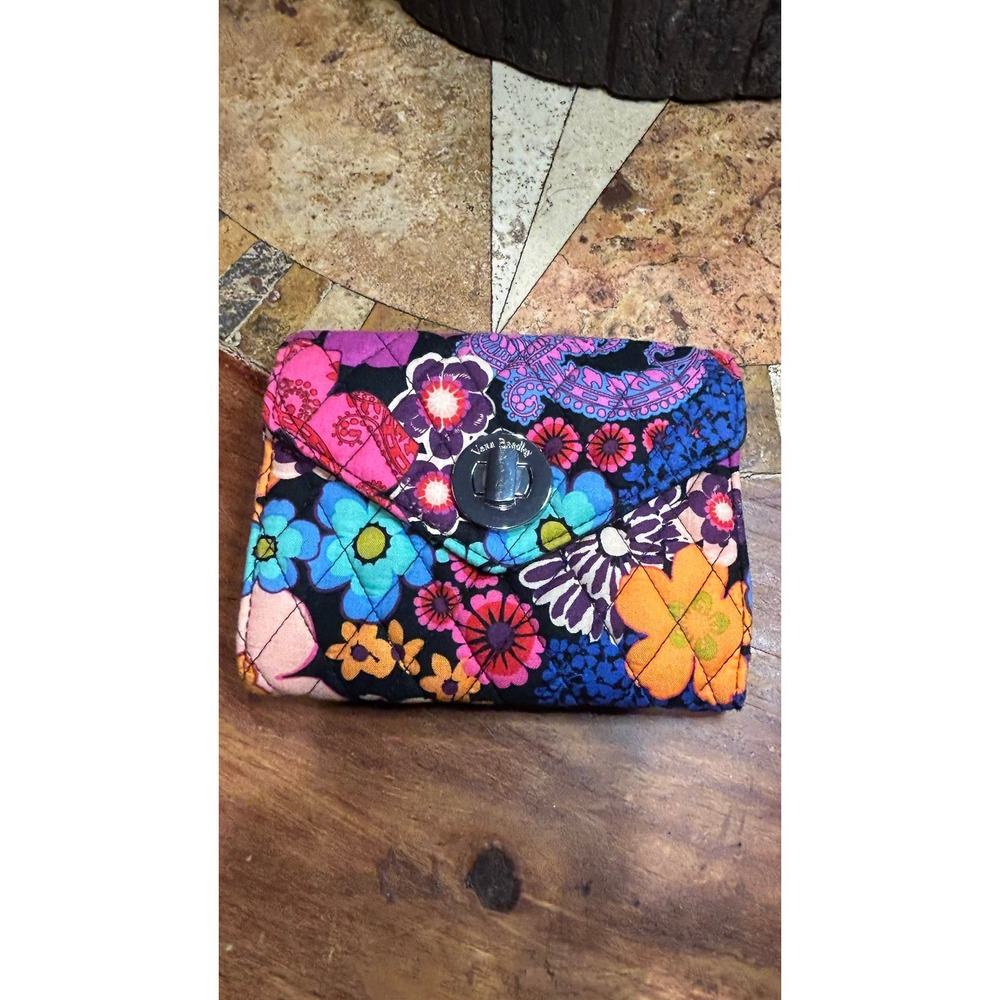 Vera Bradley Quilted Floral Turn Lock Wallet Multi Color Cotton Compact Wallet
